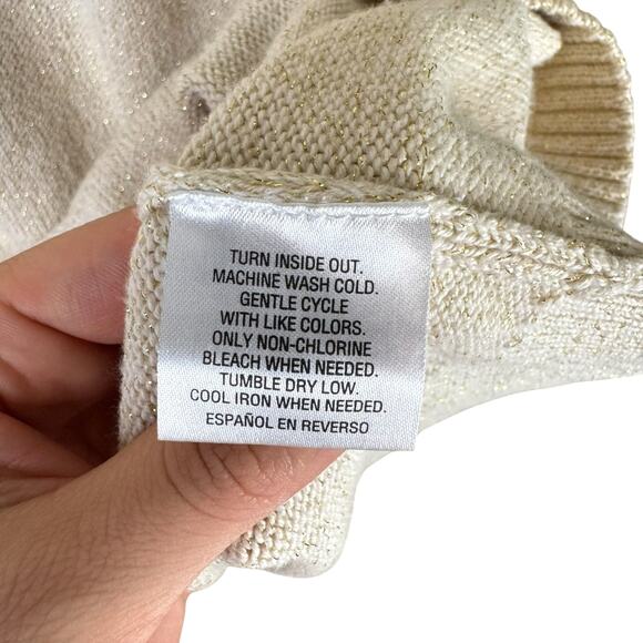 Charter Club Cream & Gold Metallic Knit Zipper Suede Trim Turtleneck Sweater - Picture 10 of 10